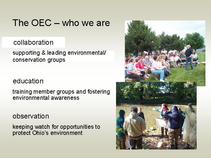 The OEC – who we are collaboration supporting & leading environmental/ conservation groups education