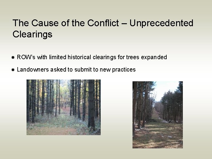 The Cause of the Conflict – Unprecedented Clearings ROW’s with limited historical clearings for