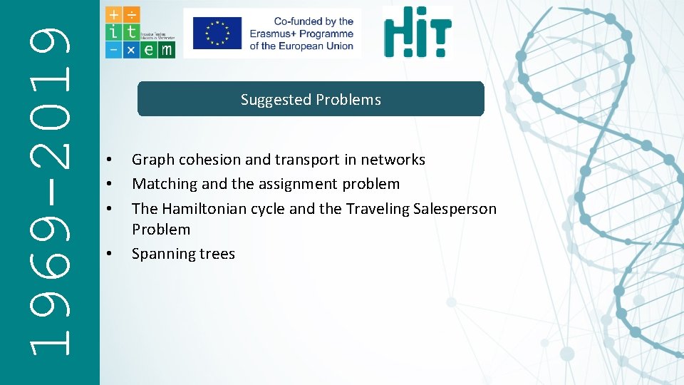 1969 -2019 Suggested Problems • • Graph cohesion and transport in networks Matching and