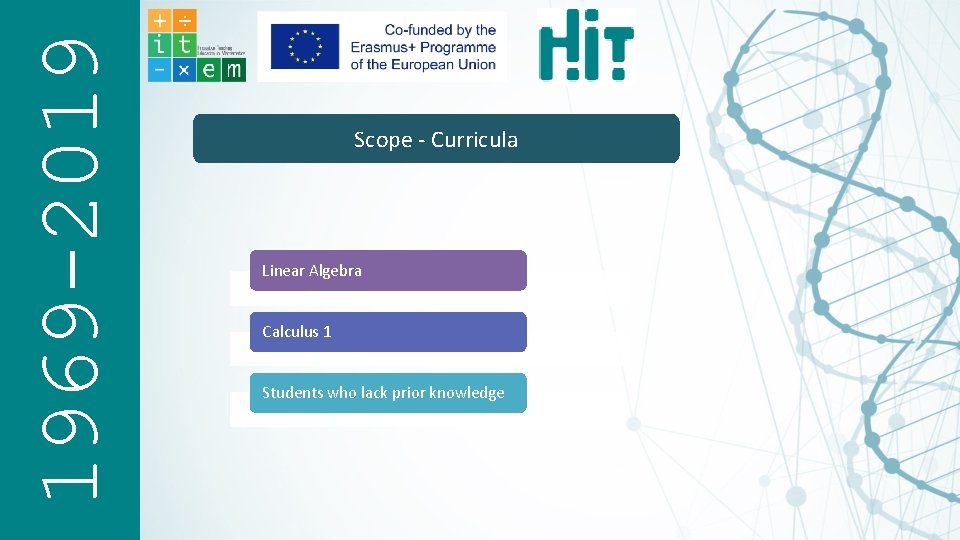 1969 -2019 Scope Curricula Linear Algebra Calculus 1 Students who lack prior knowledge 