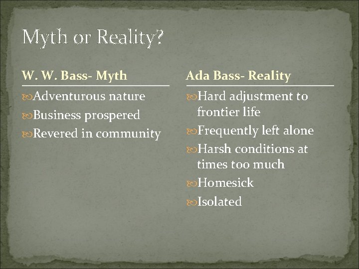 Myth or Reality? W. W. Bass- Myth Ada Bass- Reality Adventurous nature Hard adjustment