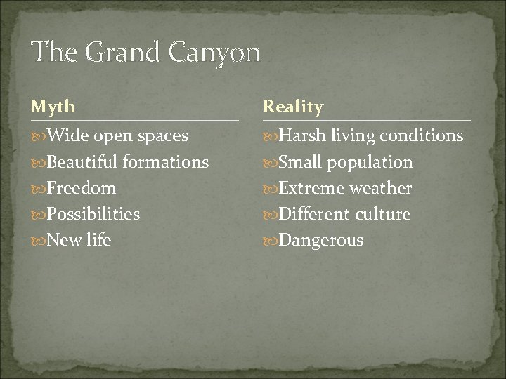 The Grand Canyon Myth Reality Wide open spaces Harsh living conditions Beautiful formations Small