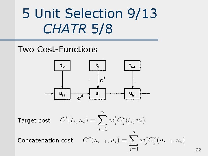 5 Unit Selection 9/13 CHATR 5/8 Two Cost-Functions Target cost Concatenation cost 22 