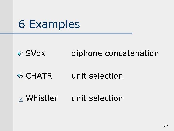 6 Examples < SVox diphone concatenation CHATR unit selection Whistler unit selection 27 