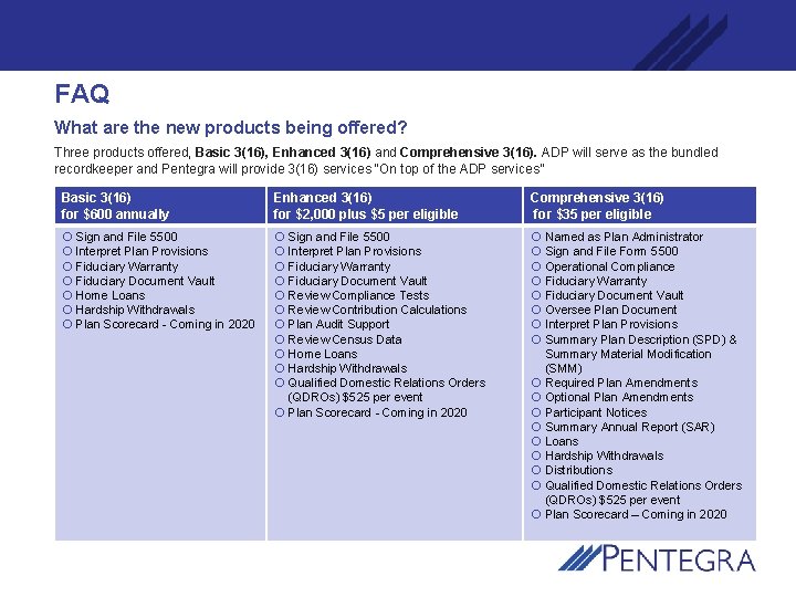 FAQ What are the new products being offered? Three products offered, Basic 3(16), Enhanced