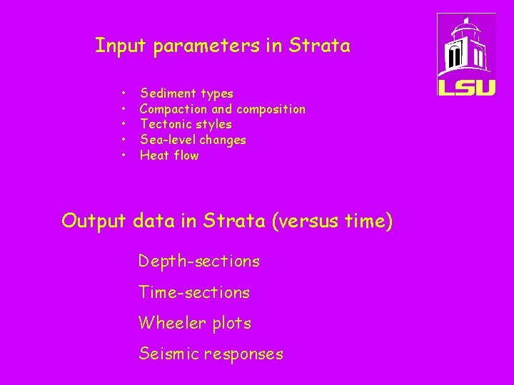 Input parameters in Strata • • • Sediment types Compaction and composition Tectonic styles