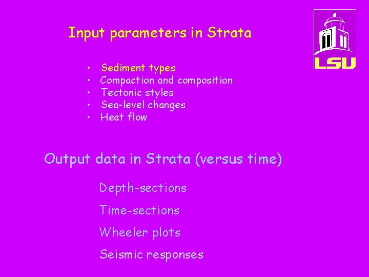 Input parameters in Strata • • • Sediment types Compaction and composition Tectonic styles