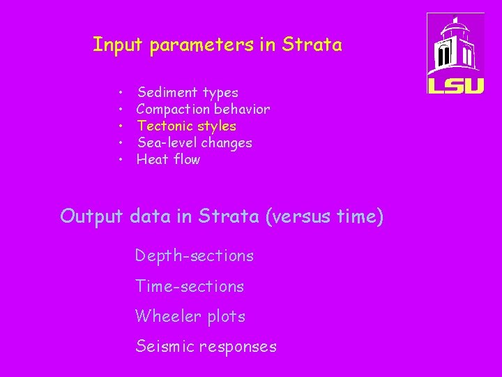 Input parameters in Strata • • • Sediment types Compaction behavior Tectonic styles Sea-level