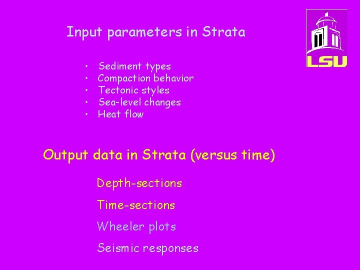 Input parameters in Strata • • • Sediment types Compaction behavior Tectonic styles Sea-level