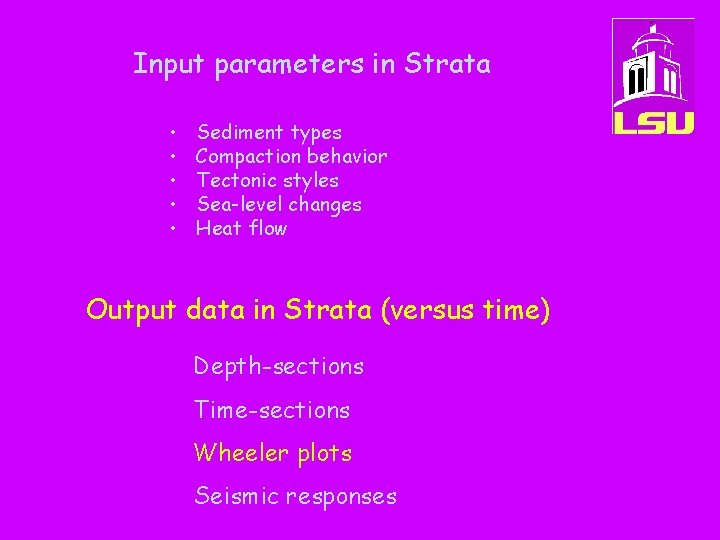 Input parameters in Strata • • • Sediment types Compaction behavior Tectonic styles Sea-level