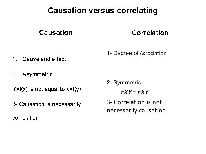 Causation versus correlating Causation 1. Cause and effect 2. Asymmetric Y=f(x) is not equal