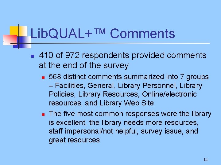 Lib. QUAL+™ Comments n 410 of 972 respondents provided comments at the end of