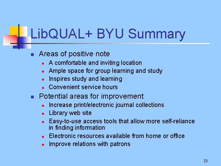 Lib. QUAL+ BYU Summary n Areas of positive note n n n A comfortable