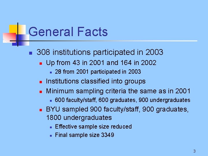 General Facts n 308 institutions participated in 2003 n Up from 43 in 2001