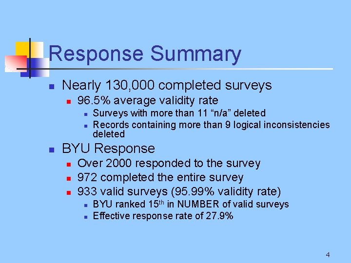 Response Summary n Nearly 130, 000 completed surveys n 96. 5% average validity rate