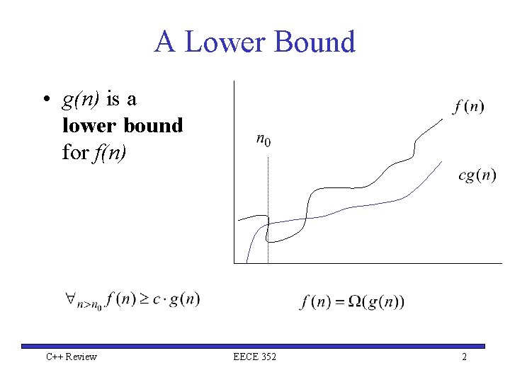 A Lower Bound • g(n) is a lower bound for f(n) C++ Review EECE