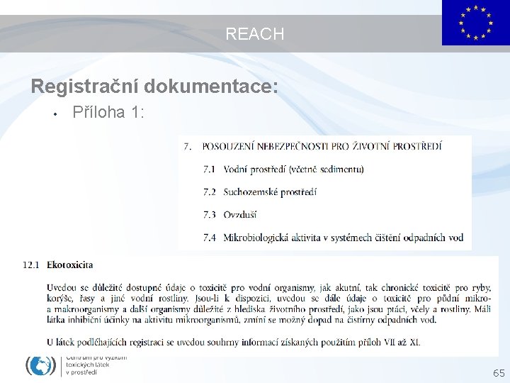 REACH Registrační dokumentace: • Příloha 1: • Příloha 2: 65 