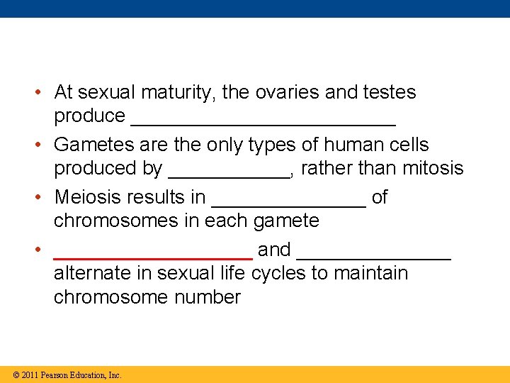 • At sexual maturity, the ovaries and testes produce ____________ • Gametes are