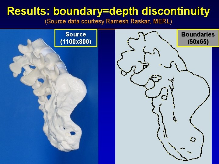 Results: boundary=depth discontinuity (Source data courtesy Ramesh Raskar, MERL) Source (1100 x 800) Boundaries