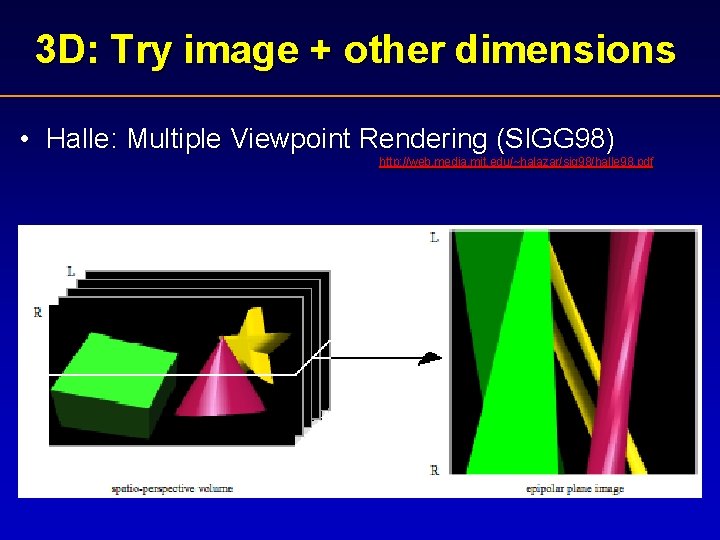 3 D: Try image + other dimensions • Halle: Multiple Viewpoint Rendering (SIGG 98)