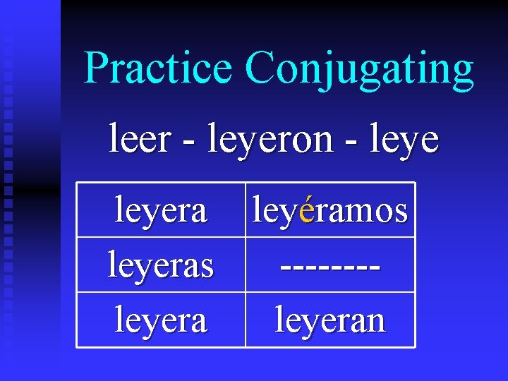 Practice Conjugating leer - leyeron - leyera leyéramos leyeras -------leyeran 