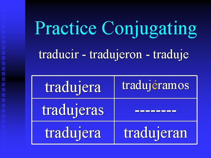 Practice Conjugating traducir - tradujeron - tradujeras tradujera tradujéramos -------tradujeran 