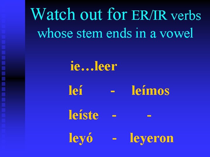 Watch out for ER/IR verbs whose stem ends in a vowel ie…leer leí -