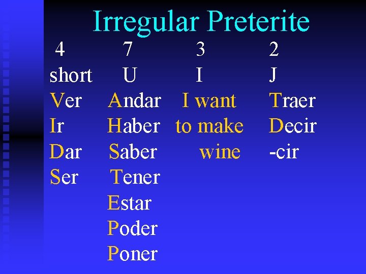 4 short Ver Ir Dar Ser Irregular Preterite 7 3 U I Andar I