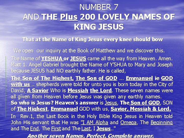 NUMBER 7 AND THE Plus 200 LOVELY NAMES OF KING JESUS That at the