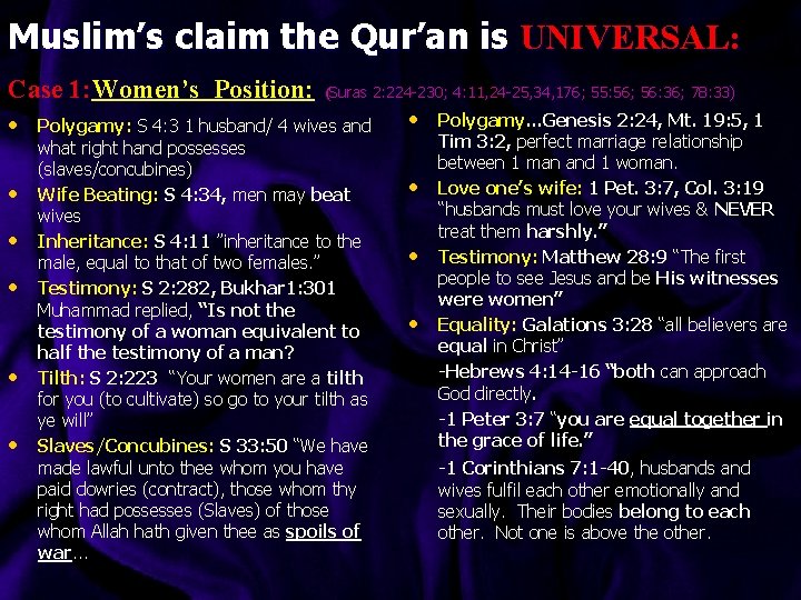 Muslim’s claim the Qur’an is UNIVERSAL: Case 1: Women’s Position: (Suras 2: 224 -230;