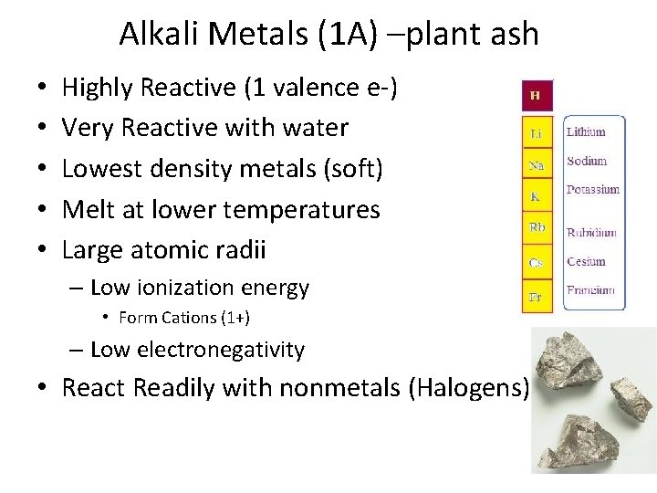 Alkali Metals (1 A) –plant ash • • • Highly Reactive (1 valence e-)