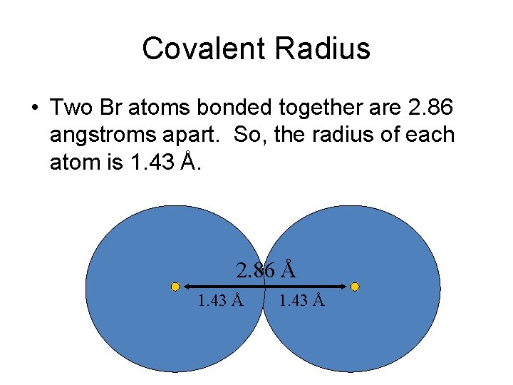 Covalent Radius • Two Br atoms bonded together are 2. 86 angstroms apart. So,
