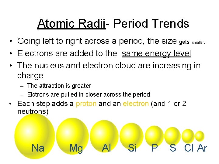 Atomic Radii- Period Trends • Going left to right across a period, the size