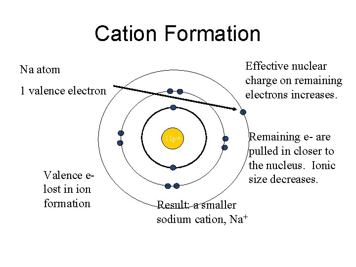 Cation Formation Effective nuclear charge on remaining electrons increases. Na atom 1 valence electron