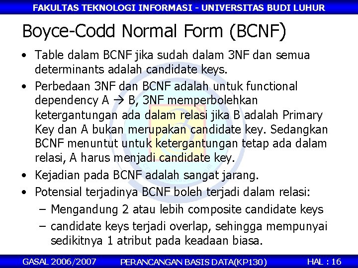 FAKULTAS TEKNOLOGI INFORMASI - UNIVERSITAS BUDI LUHUR Boyce-Codd Normal Form (BCNF) • Table dalam