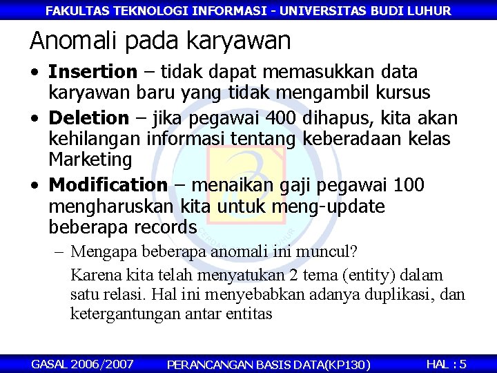 FAKULTAS TEKNOLOGI INFORMASI - UNIVERSITAS BUDI LUHUR Anomali pada karyawan • Insertion – tidak