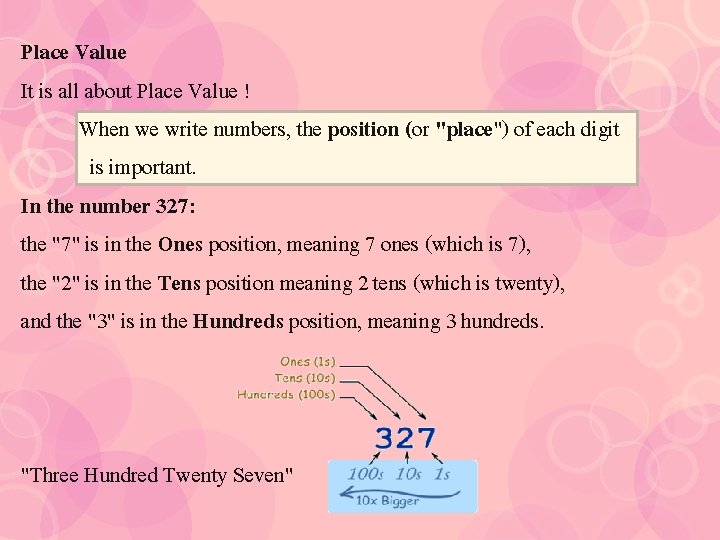 Place Value It is all about Place Value ! When we write numbers, the