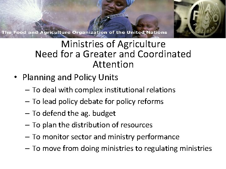 FAO and Capacity Building Ministries of Agriculture Need for a Greater and Coordinated Attention