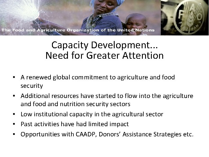 FAO and Capacity Building Capacity Development. . . Need for Greater Attention • A