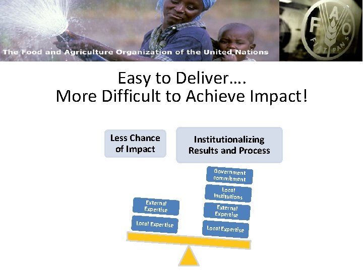 FAO and Capacity Building Easy to Deliver…. More Difficult to Achieve Impact! Less Chance