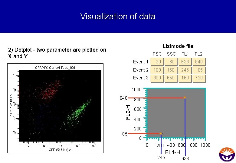 Visualization of data Listmode file 2) Dotplot - two parameter are plotted on X