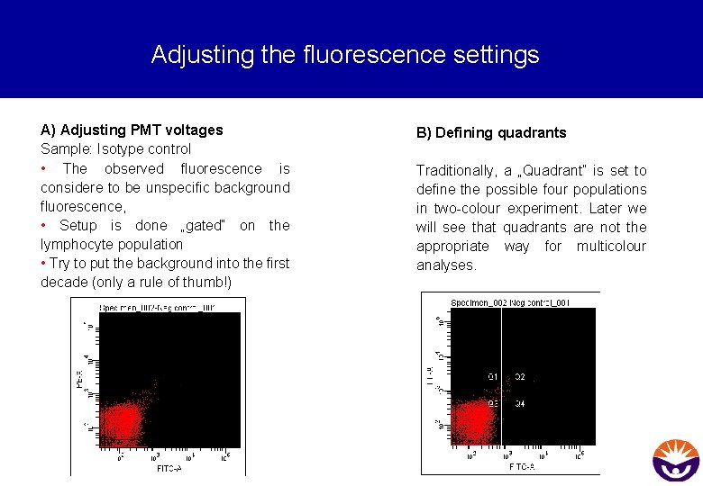 Adjusting the fluorescence settings A) Adjusting PMT voltages Sample: Isotype control • The observed