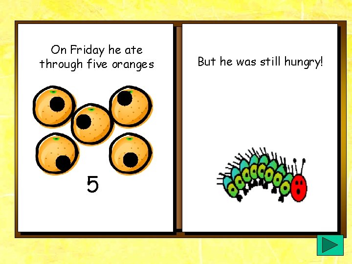 On Friday he ate through five oranges 5 But he was still hungry! On Friday he ate through five oranges 5 But he was still hungry!