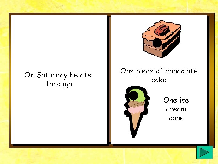 On Saturday he ate through One piece of chocolate cake One ice cream cone On Saturday he ate through One piece of chocolate cake One ice cream cone