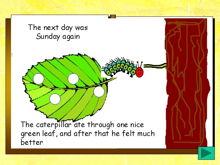 The next day was Sunday again The caterpillar ate through one nice green leaf, The next day was Sunday again The caterpillar ate through one nice green leaf,