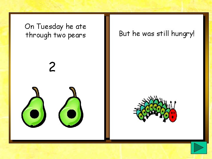 On Tuesday he ate through two pears 2 But he was still hungry! On Tuesday he ate through two pears 2 But he was still hungry!