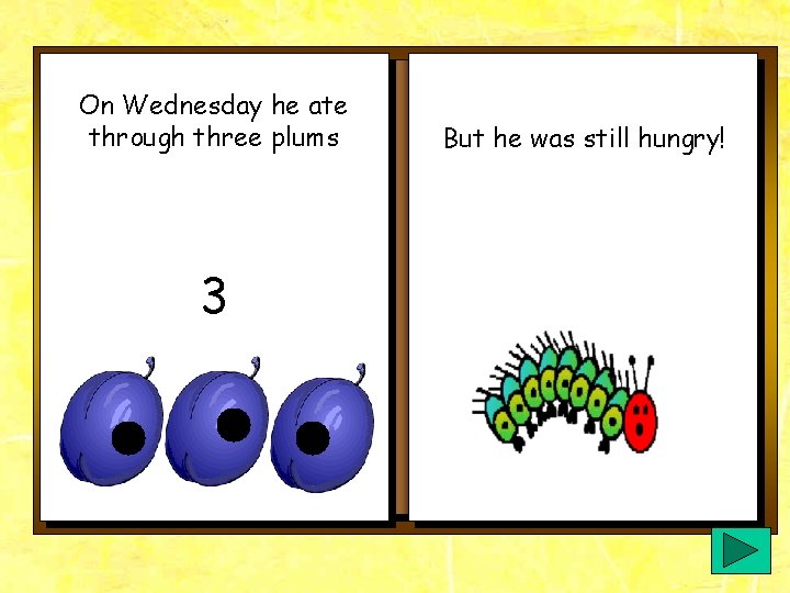 On Wednesday he ate through three plums 3 But he was still hungry! On Wednesday he ate through three plums 3 But he was still hungry!