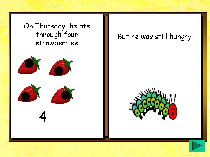 On Thursday he ate through four strawberries 4 But he was still hungry! On Thursday he ate through four strawberries 4 But he was still hungry!