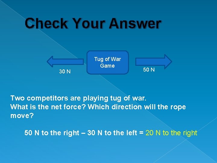 Check Your Answer 30 N Tug of War Game 50 N Two competitors are