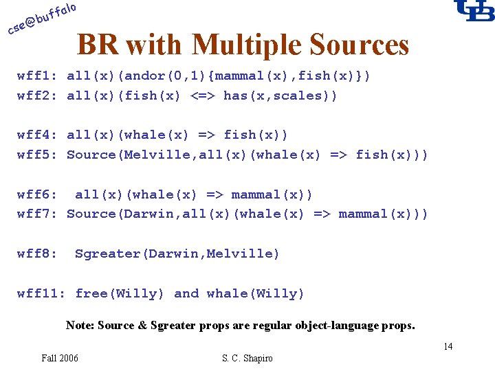 alo f buf @ cse BR with Multiple Sources wff 1: all(x)(andor(0, 1){mammal(x), fish(x)})